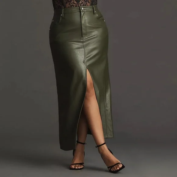 Anthropologie The Madi Faux-Leather Front-Slit Maxi Skirt by Pilcro - Picture 2 of 13